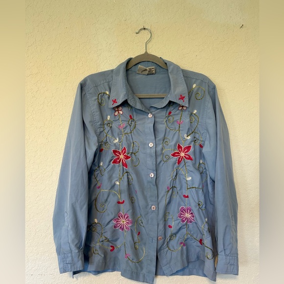 Haband Tops - Vintage Long Sleeve Light Blue Embroidered Button-Up Shirt , Southwestern Retro